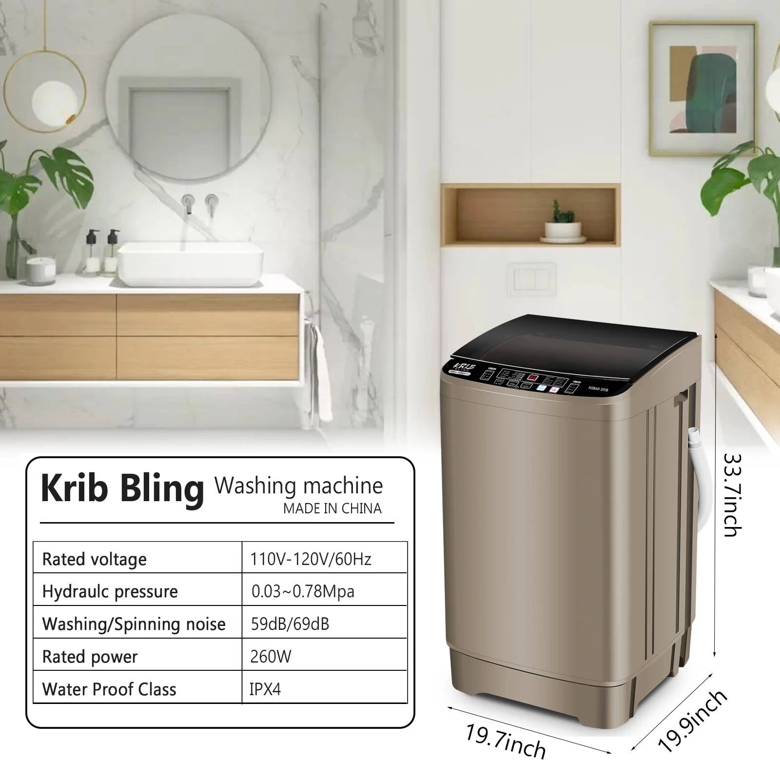 Krib B Full Automatic Washing Machine with Drain Pipe, 17.7 lbs Portable Washers with 10 Programs & 8 Water Levels, Suitable for Apartment, Dorm, Grey