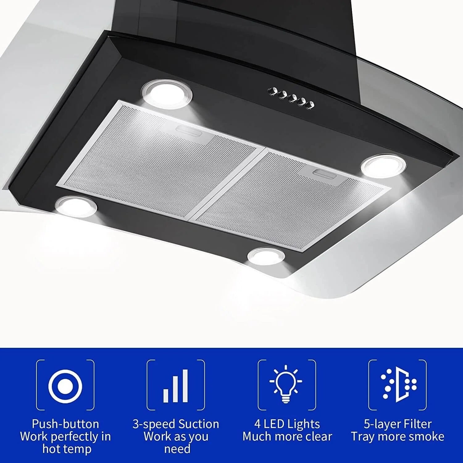 "Joeaonz 30"" Island Mount Range Hood, Stainless Steel, LED Bulbs, Easy-Clean Filters, 120V"