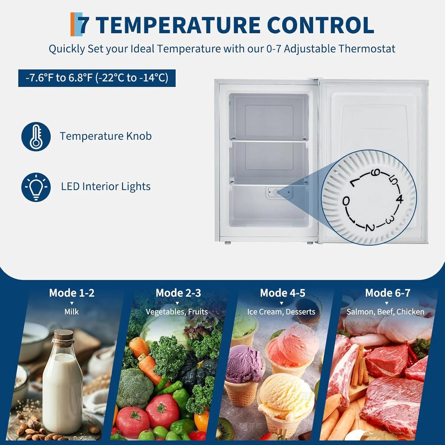 M optimized Upright Freezer, 3.0 Cu.Ft. Compact Mini Freezer with Reversible Single Door, 7 Adjustable Thermostat & 3 Removable Shelves, for Apartment, Dorm, Home, Office