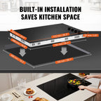 KFFKFF Built-in 4 Burner Electric Cooktop, 7200W Electric Range, 30" Electric Cooktop with Glass Surface, Knob Control, 11 Temperature Settings, 220-240V, Direct Wiring Required