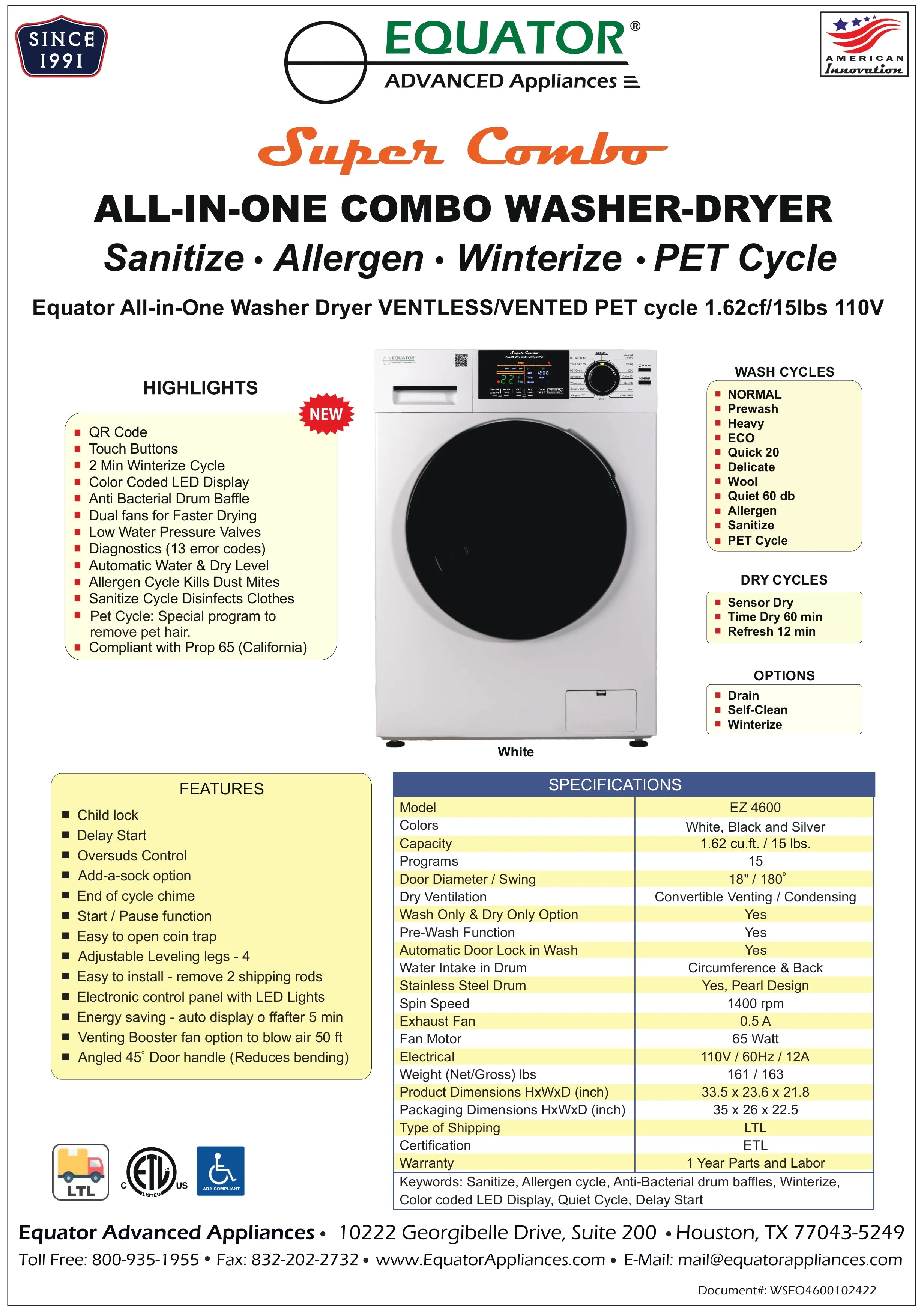 Equator Combination Washer Dryer Ventless/Vented Pet cycle 1.62cf/15lbs 110V with Adjustable legs