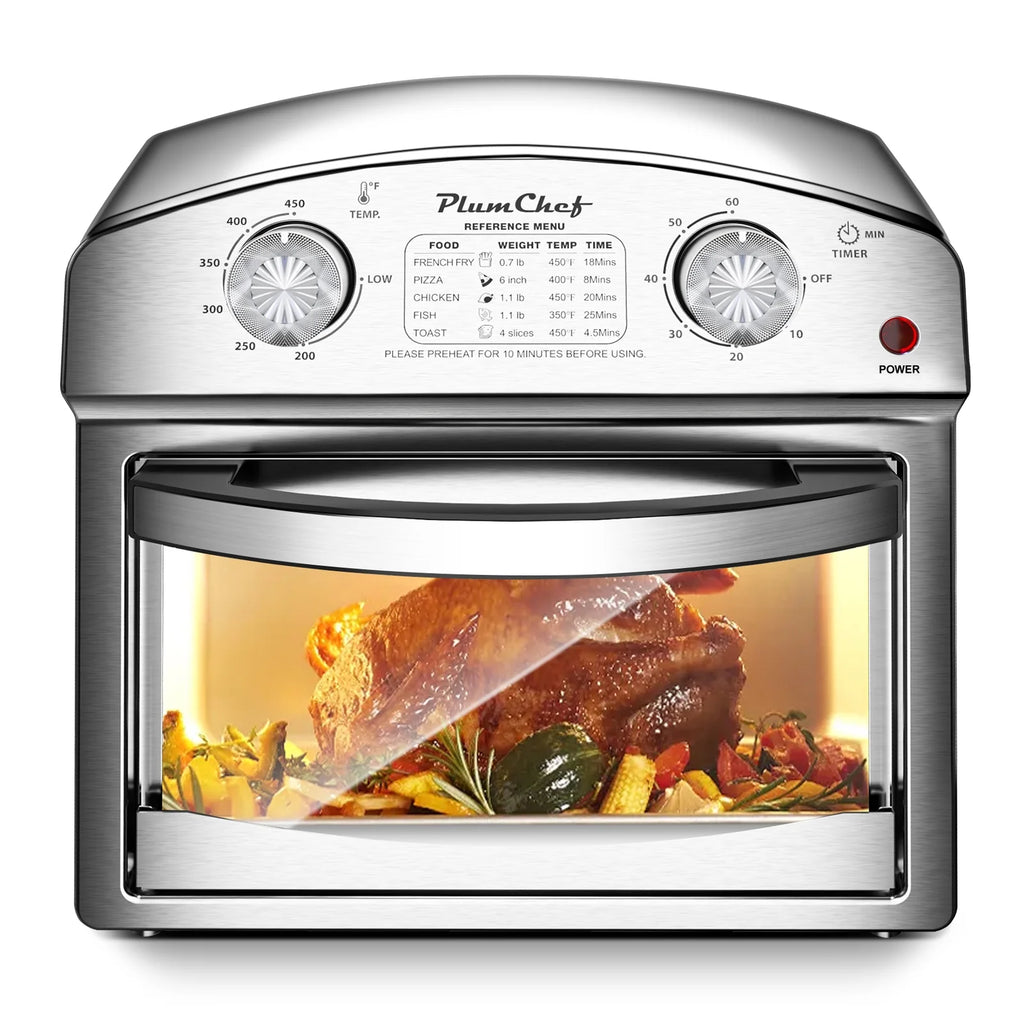 Plum Chef 13QT Air Fryer, 4-Slice Air Fryer Toaster Oven, Space Saving, Visible Window, Oil Free, 1500W, Stainless Steel, Silver