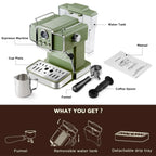 Espresso Coffee Machine 15 Bar with Milk Frother Steam Wand, 1350W Professional Coffee Maker, 54 Oz Removable Water Tank Espresso Maker Cappuccino, Latte, Machiato, Green, For Home Barista