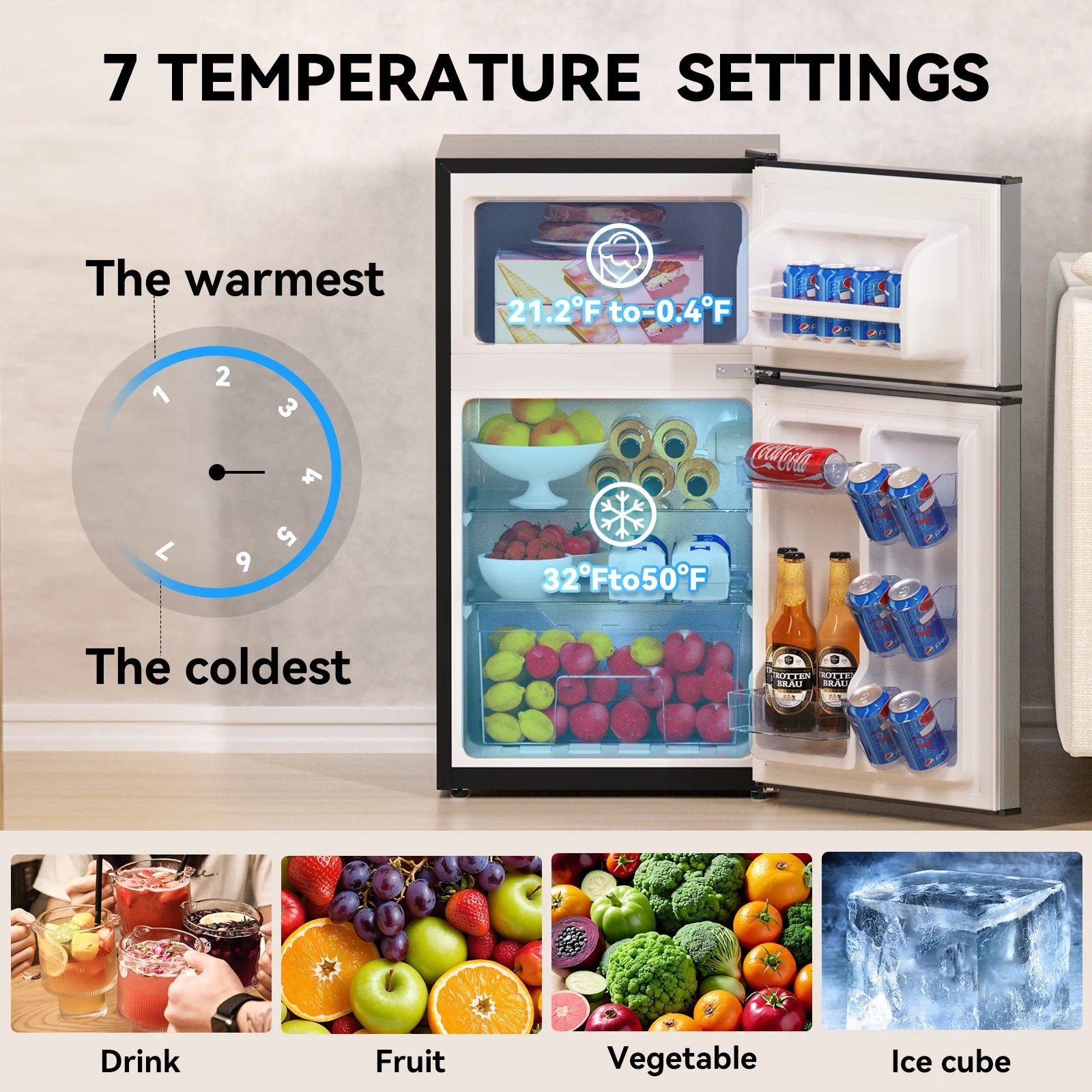 Frestec 2-Door Mini Fridge - 3.2 Cu Ft, Energy Star Rated, Perfect for Dorm or Apartment,Stainless Steel