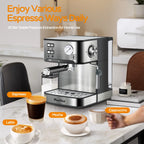 Plum Chef Espresso Coffee Machine, 20 Bar Cappuccino Latte Maker Coffee Machine with ESE POD Capsules Filter&Milk Frother, 1.6L Water Tank, for Home Barista, Stainless steel, 850W