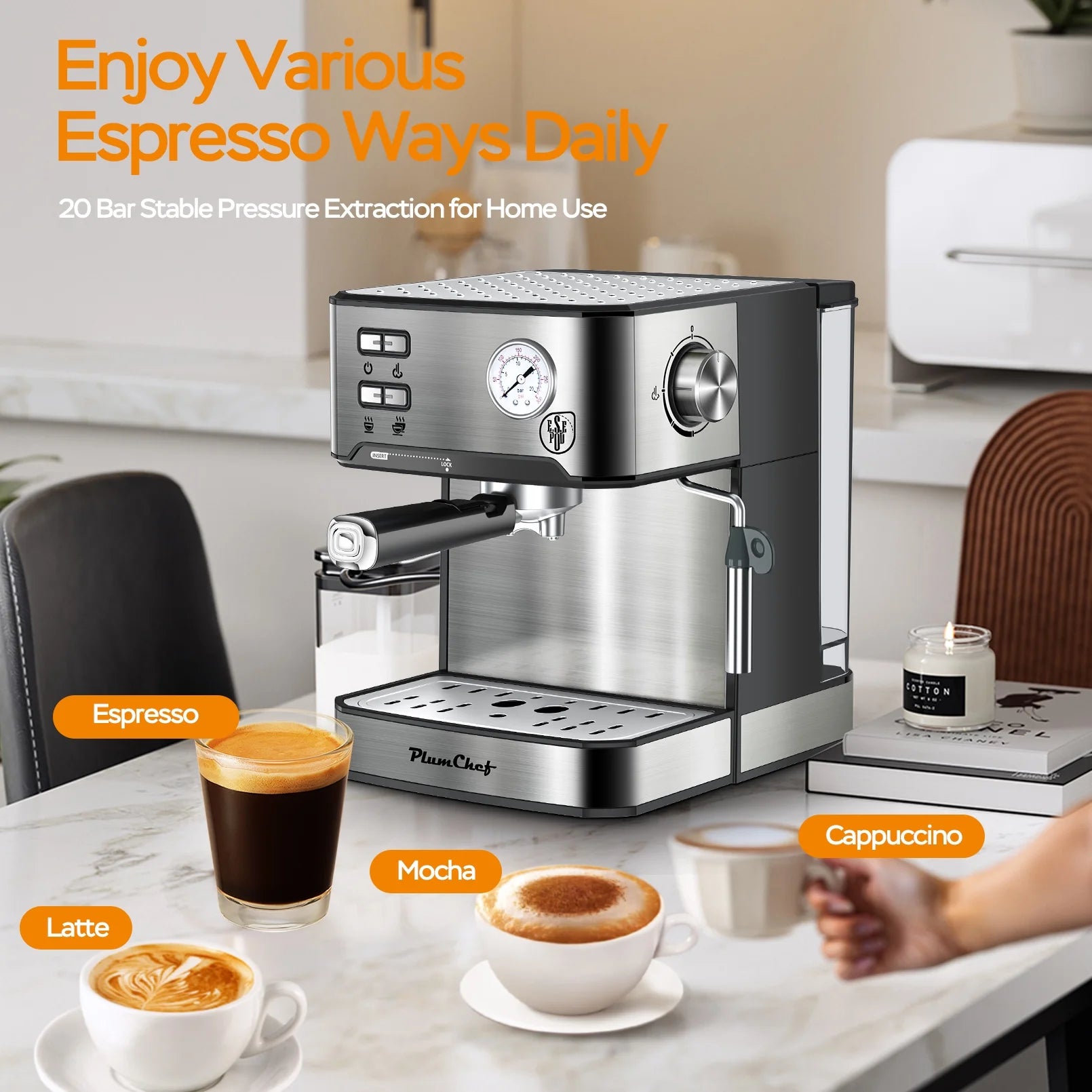 Plum Chef Espresso Coffee Machine, 20 Bar Cappuccino Latte Maker Coffee Machine with ESE POD Capsules Filter&Milk Frother, 1.6L Water Tank, for Home Barista, Stainless steel, 850W