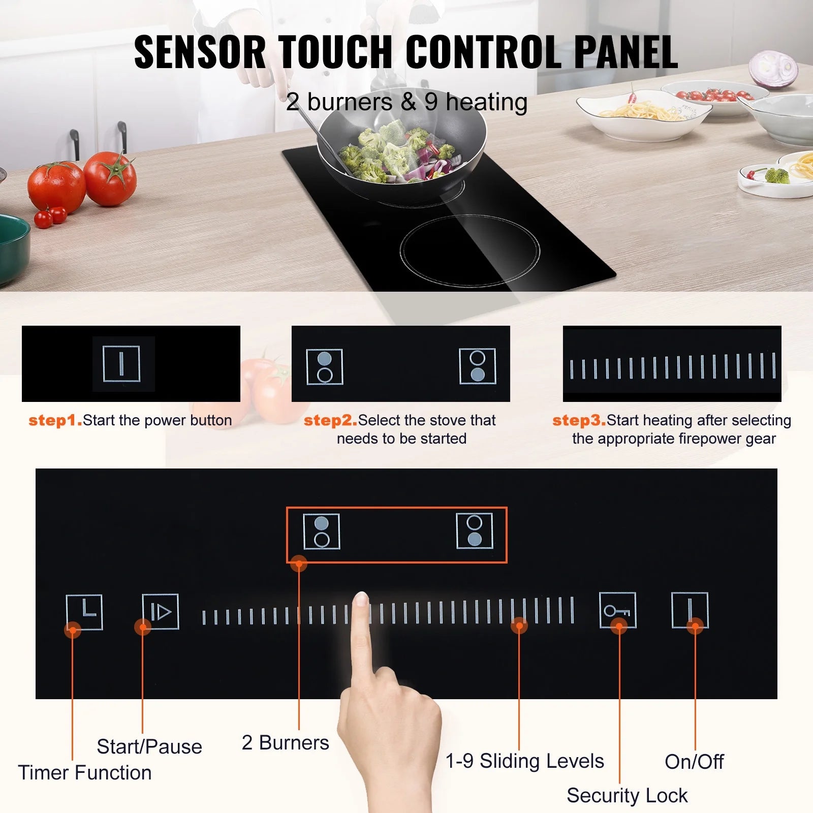 KFFKFF Electric Cooktop, 20" x 11.6" Integrated Electric Cooking Surface, 2 Burner Built-in Electric Stove with Touch Controls, Timer & Safety Lock for Any Cookware 240V 1800W
