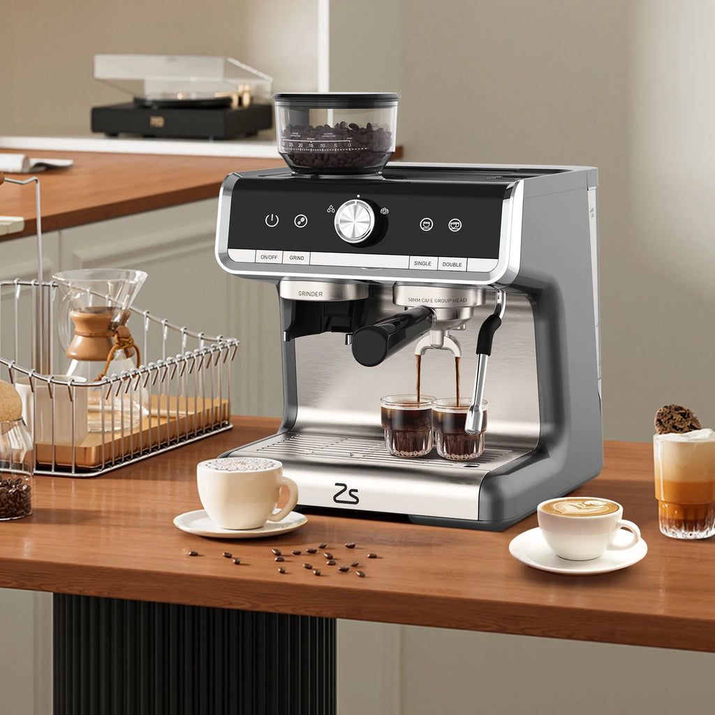 Espresso Coffee Machine with Grinder, 20 Bar Semi-Automatic Espresso Maker with Milk Frother Steamer Wand for Cappuccino, Latte, Macchiato, 2.8 L Water Tank, PID Temperature Control, Silver