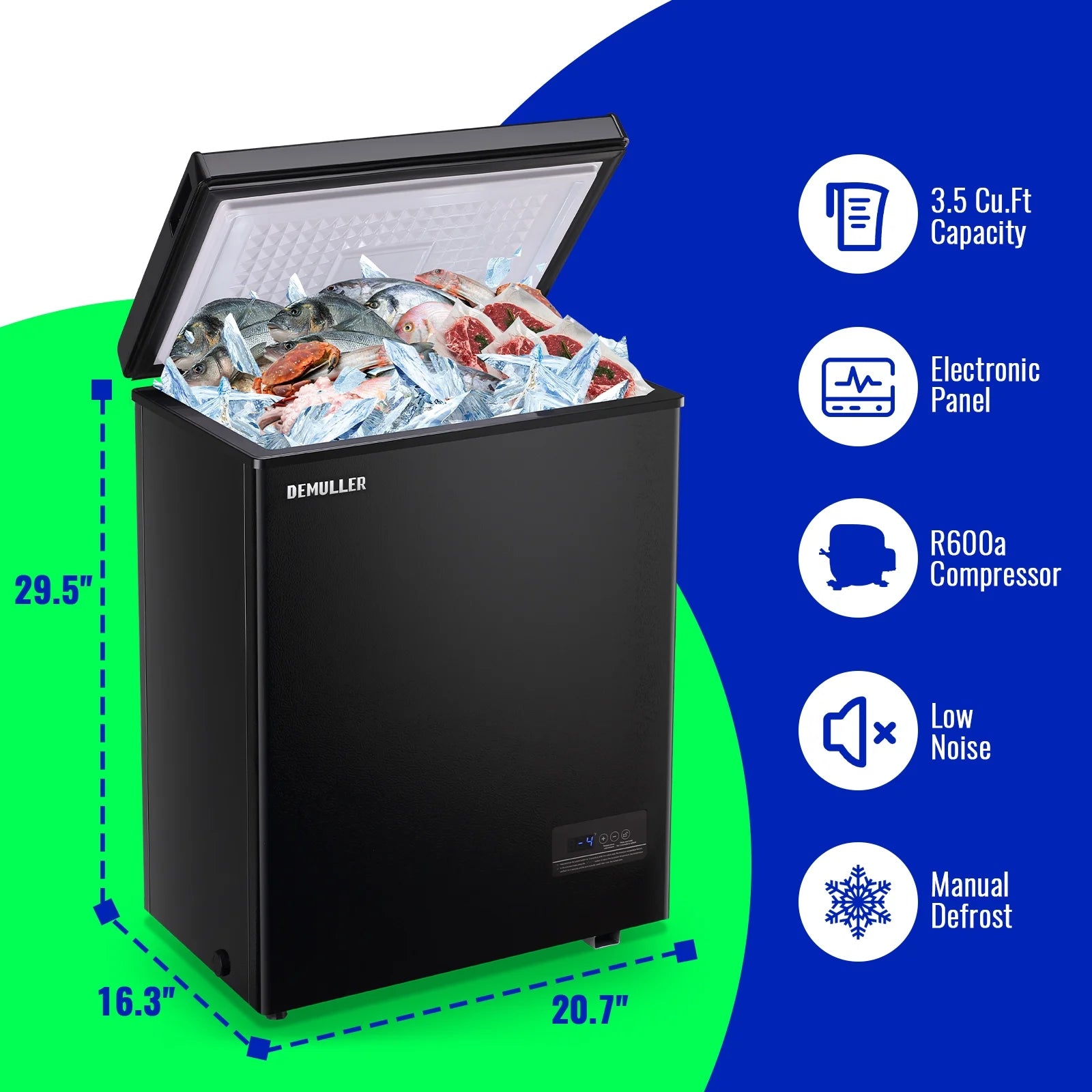 DEMULLER 3.5 Cu.ft Chest Freezer with Electronic Panel, Accurate Temperature Display to 1�?BLACK