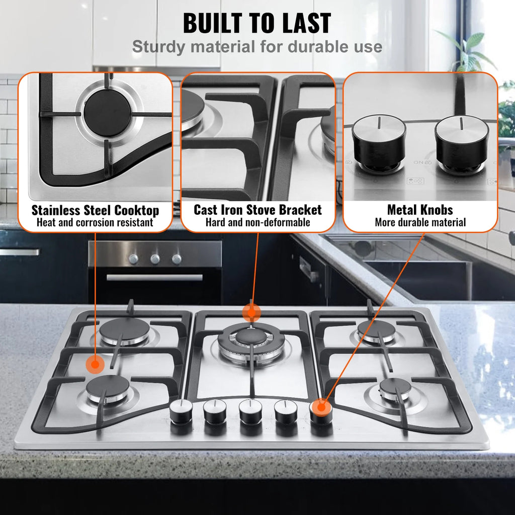 KFFKFF Gas Cooktop Stove Top 30 inch Max 12250BTU 5 Burners Built-in LPG/NG Convertible
