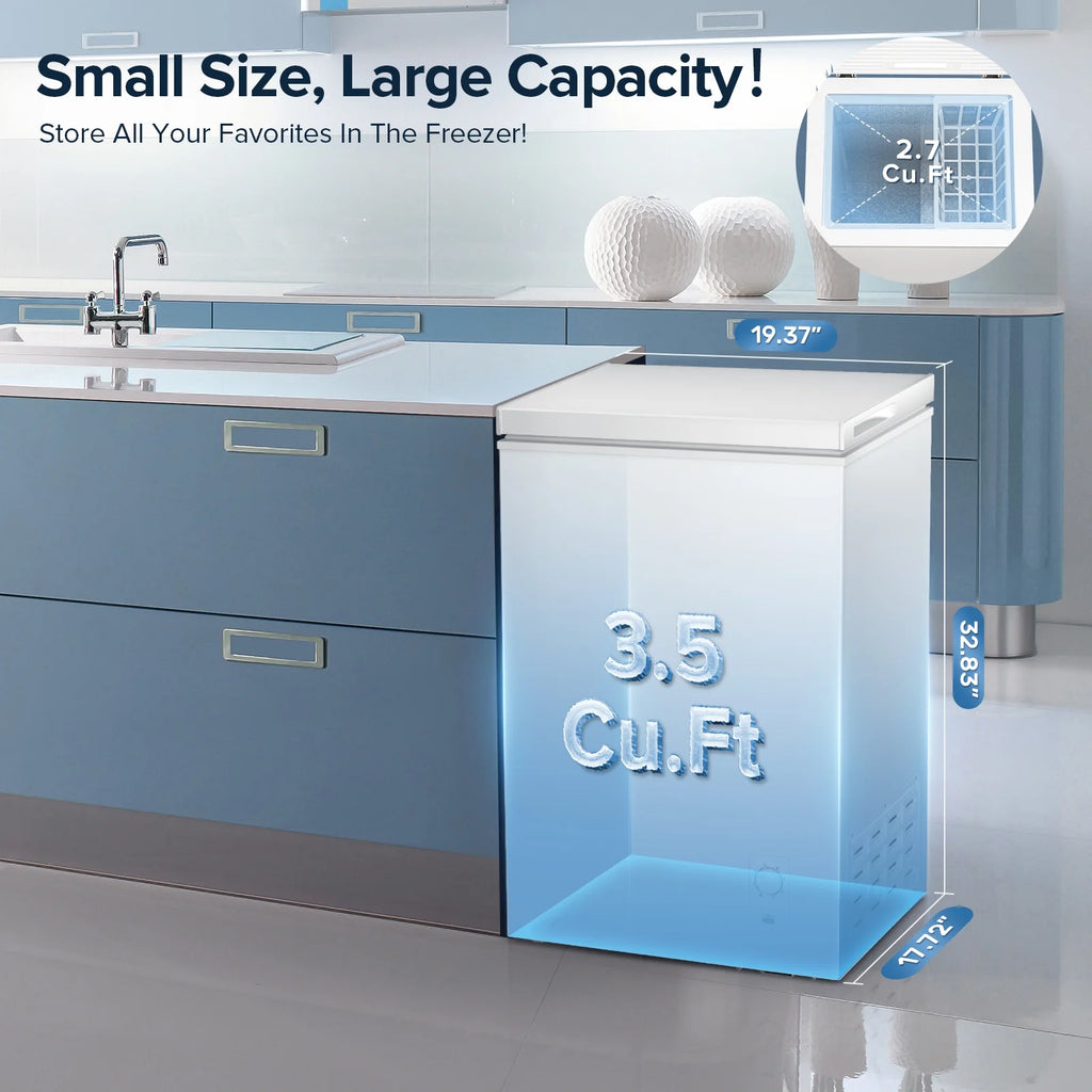 LHRIVER Mini Freezer Chest 3.5 cu ft, Deep Freezer & Side Handle, Compact Freezer with 7 Gear Adjustable Temperature, Removable Storage Basket, Black