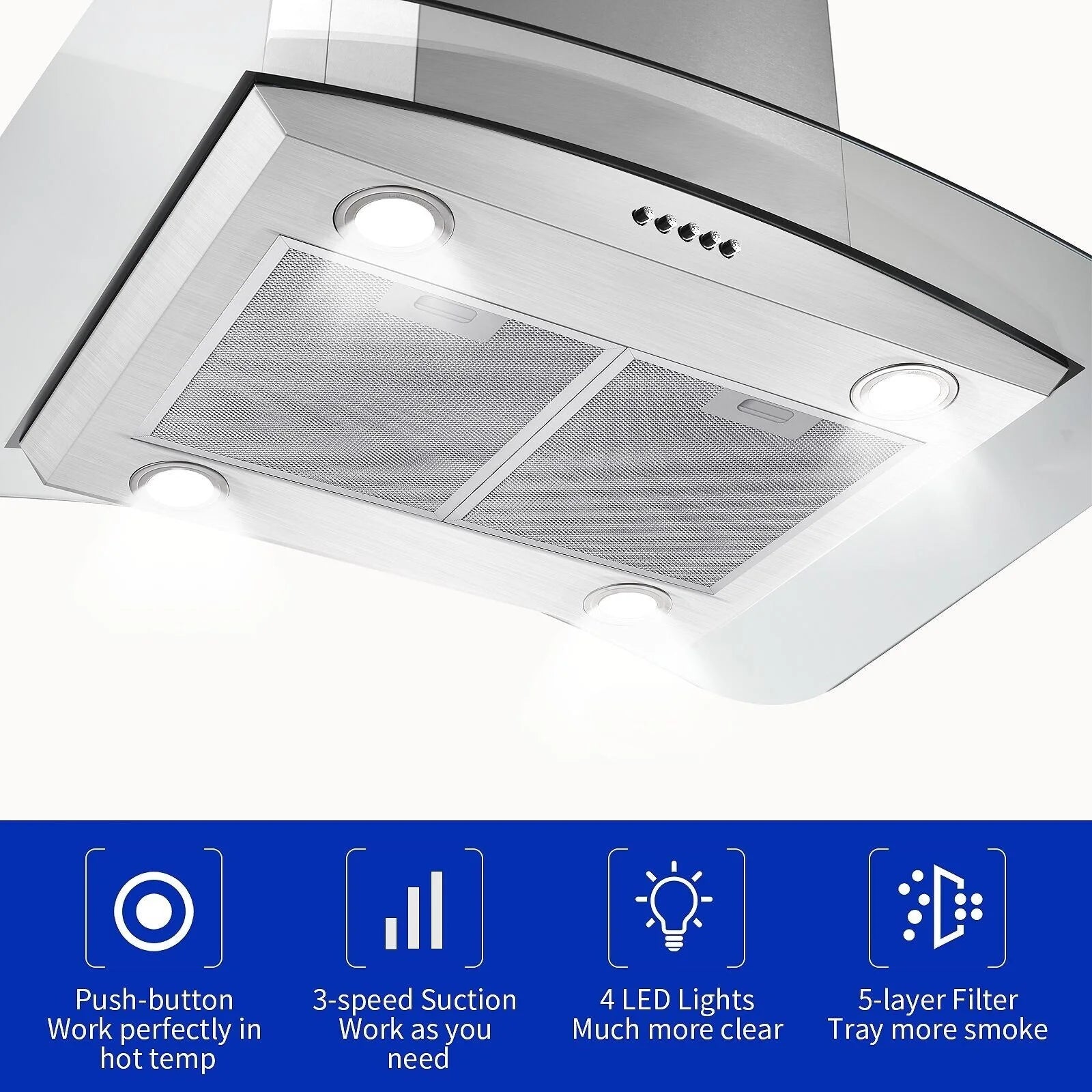 "Joeaonz 30"" Island Mount Range Hood, Stainless Steel, LED Bulbs, Easy-Clean Filters, 120V"