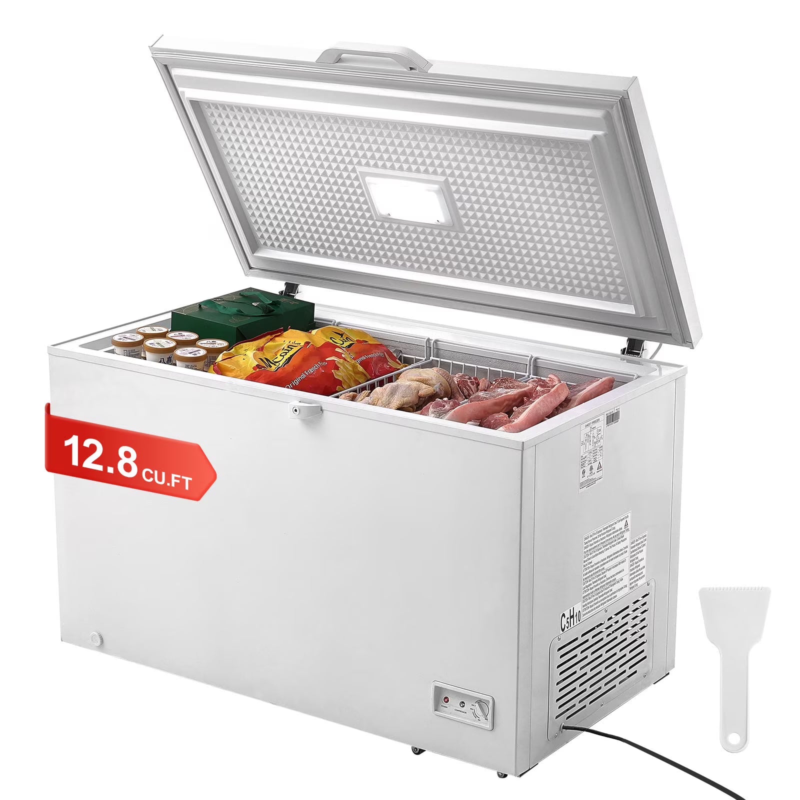 KFFKFF 12.8 Cu.ft / 345L Small Top-Open Chest Freezer 7-Speed?Temperature Control Removable Storage Basket, Freestanding 4 Detachable Baskets, 6 Casters