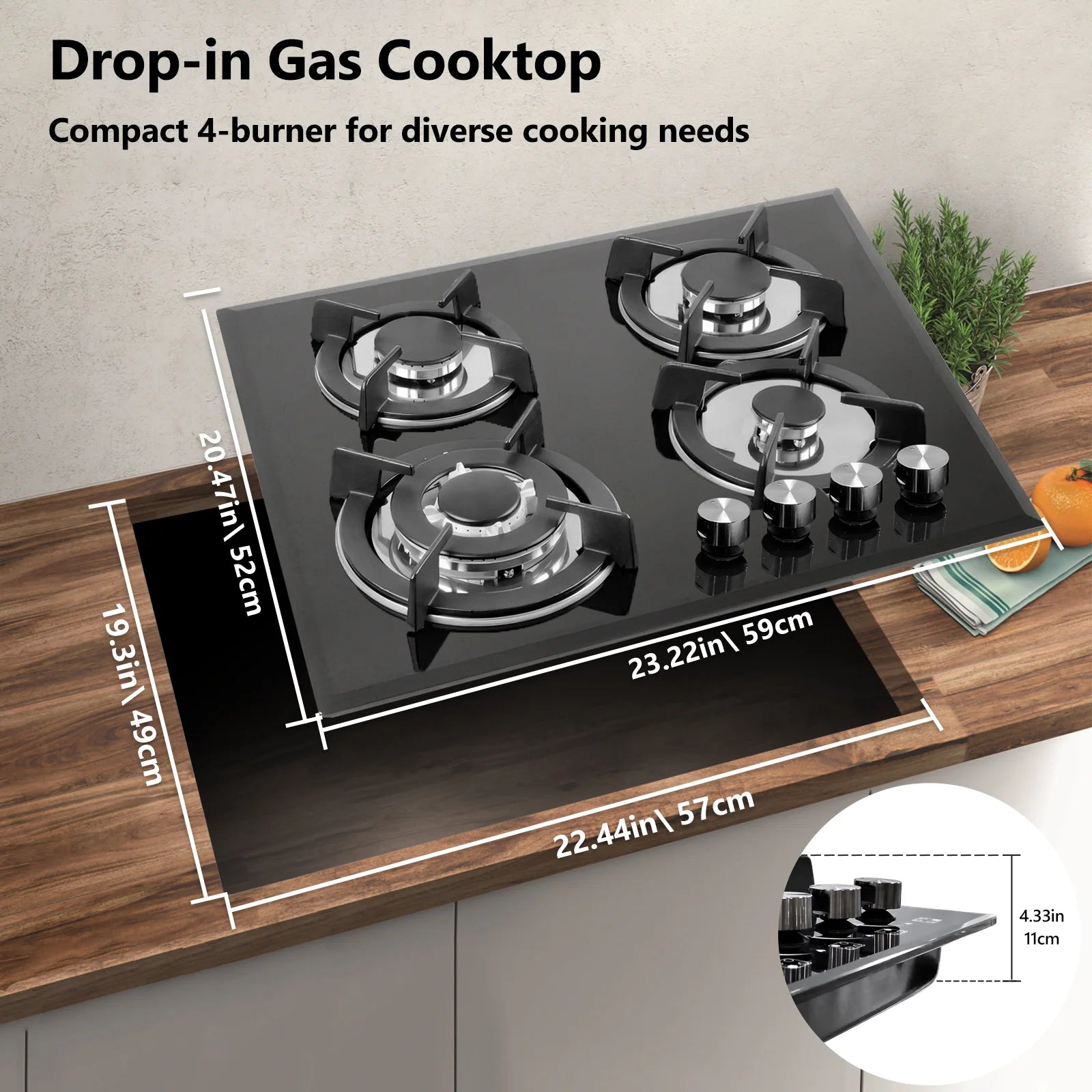 GRACEALL 4 Burner Gas Stove Cooktop 24in, Glass Top Built-in Gas Burner Hob, NG/LPG Compatible or use with Propane or Neutral Gas
