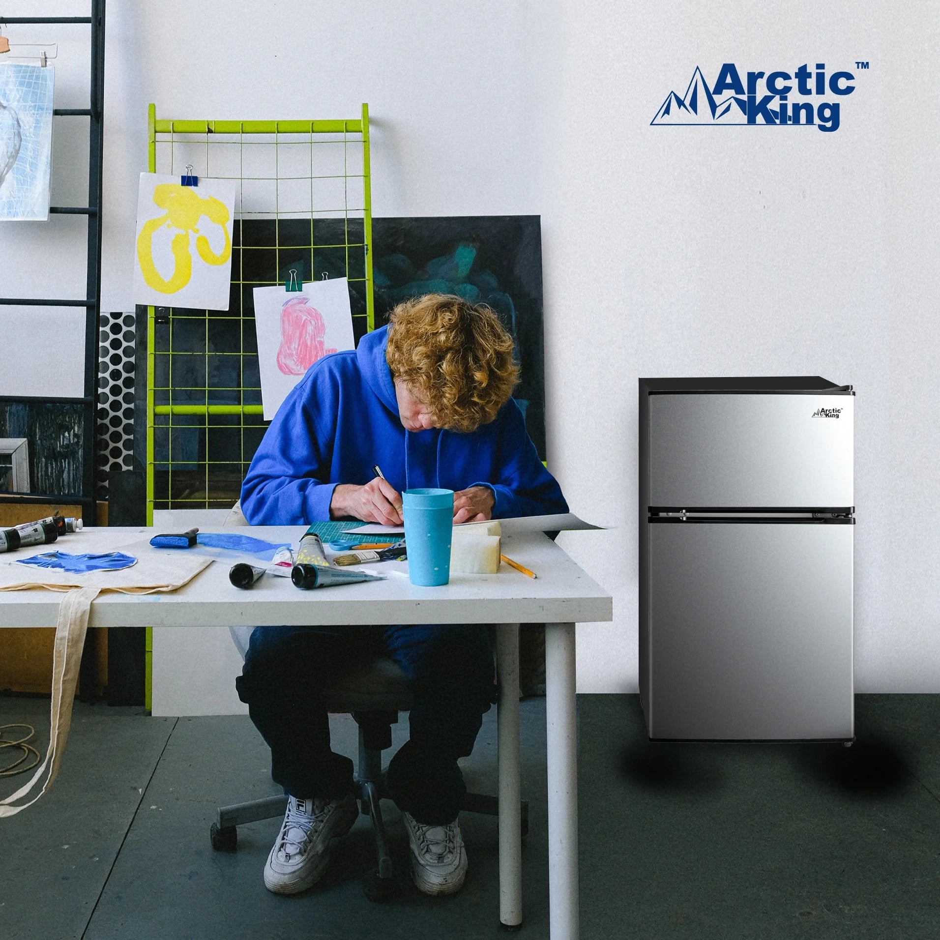 Arctic King 3.2 Cu ft Two Door Mini Fridge with Freezer, Stainless Steel, E-Star