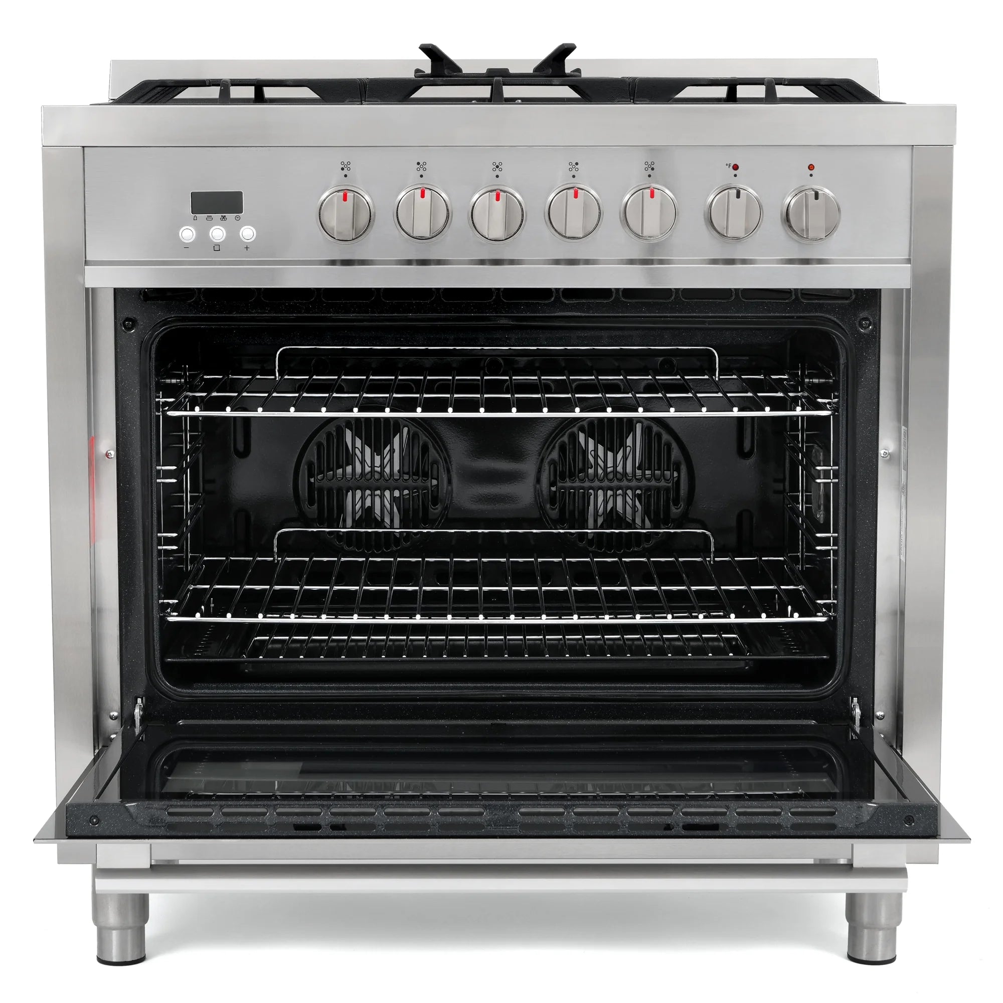 Cosmo 4 Piece Kitchen Appliance Packages with 36" Freestanding 220/240V Dual Fuel Range 36" Island Range Hood 24" Built-in Integrated Dishwasher & French Door Refrigerator Kitchen Appliance Bundles