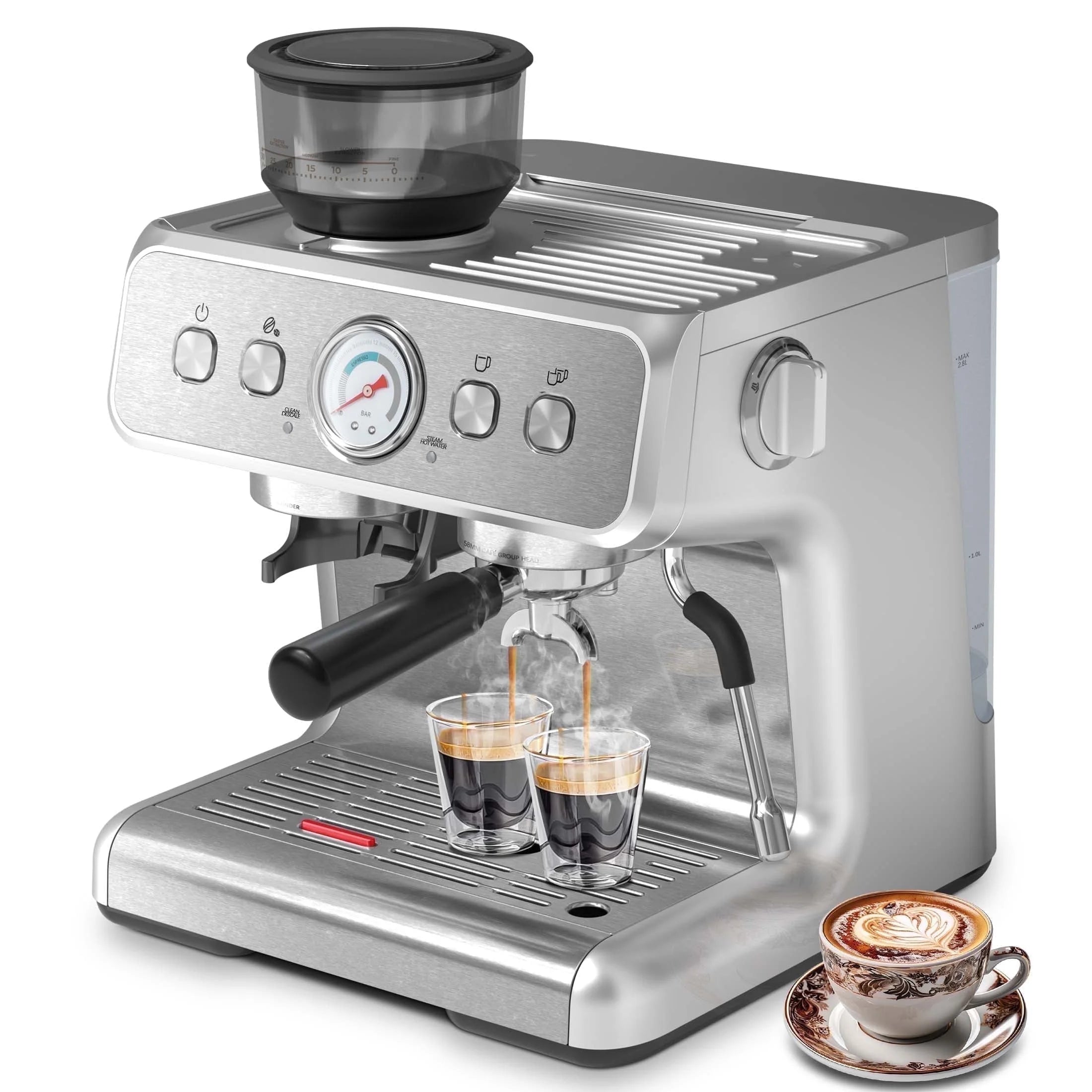 Auseo  20 Bar Automatic Espresso Coffee Maker with Grinder and Milk Frother Steam Wand, Drip Hot Coffee, 1&2 Cups, Espresso/Cappuccino/Latte/Mocha for Home, Stainless Steel