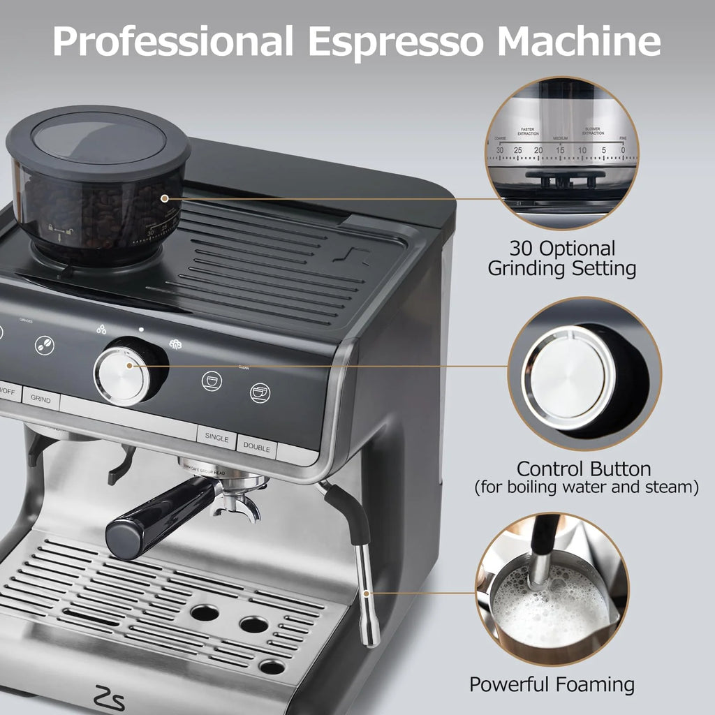 Espresso Coffee Machine with Grinder, 20 Bar Semi-Automatic Espresso Maker with Milk Frother Steamer Wand for Cappuccino, Latte, Macchiato, 2.8 L Water Tank, PID Temperature Control