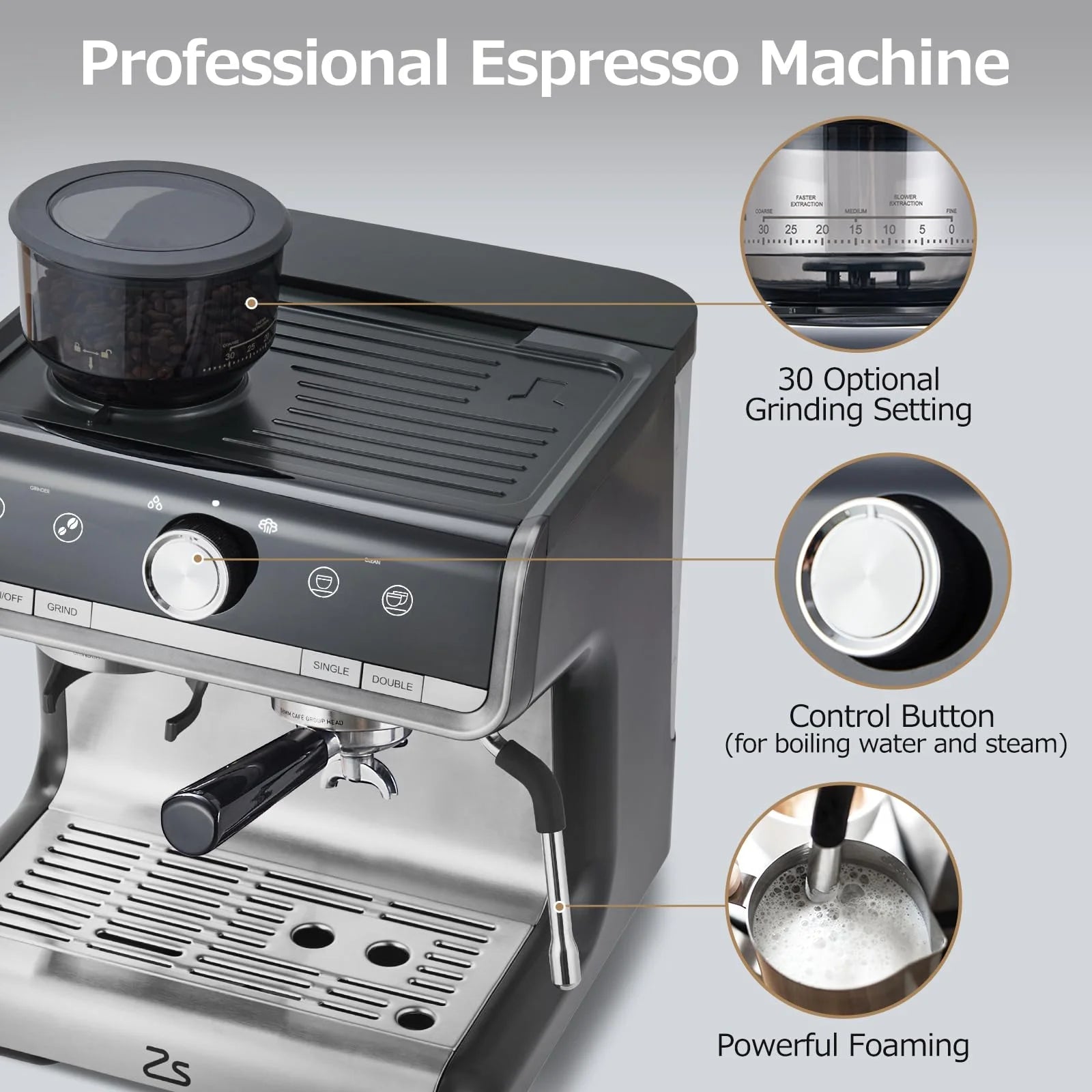 Espresso Coffee Machine with Grinder, 20 Bar Semi-Automatic Espresso Maker with Milk Frother Steamer Wand for Cappuccino, Latte, Macchiato, 2.8 L Water Tank, PID Temperature Control