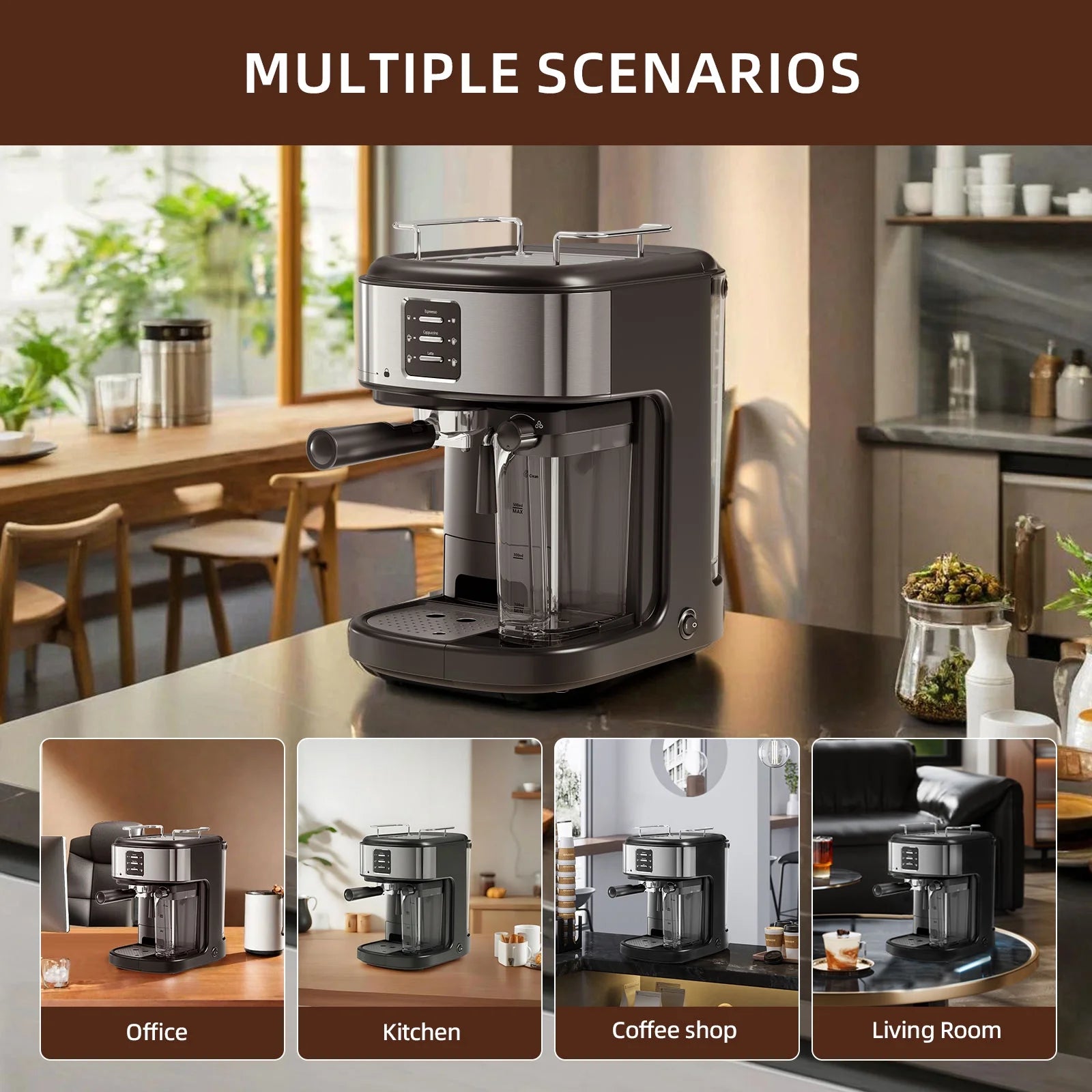 Auseo 20 Bar Espresso Machines, Espresso Coffee Maker with Milk Frother Steam Wand, Ground Coffee & Capsules, Black and Stainless Finish, Espresso/Cappuccino/Latte/Mocha for Home