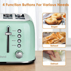 Toaster 4 Slice Retro Stainless Steel with Extra Wide Slots Bagel, Defrost, Reheat Function, Dual Independent Control Panel, Removable Crumb Tray, 6 Browning Levels, Aqua Green