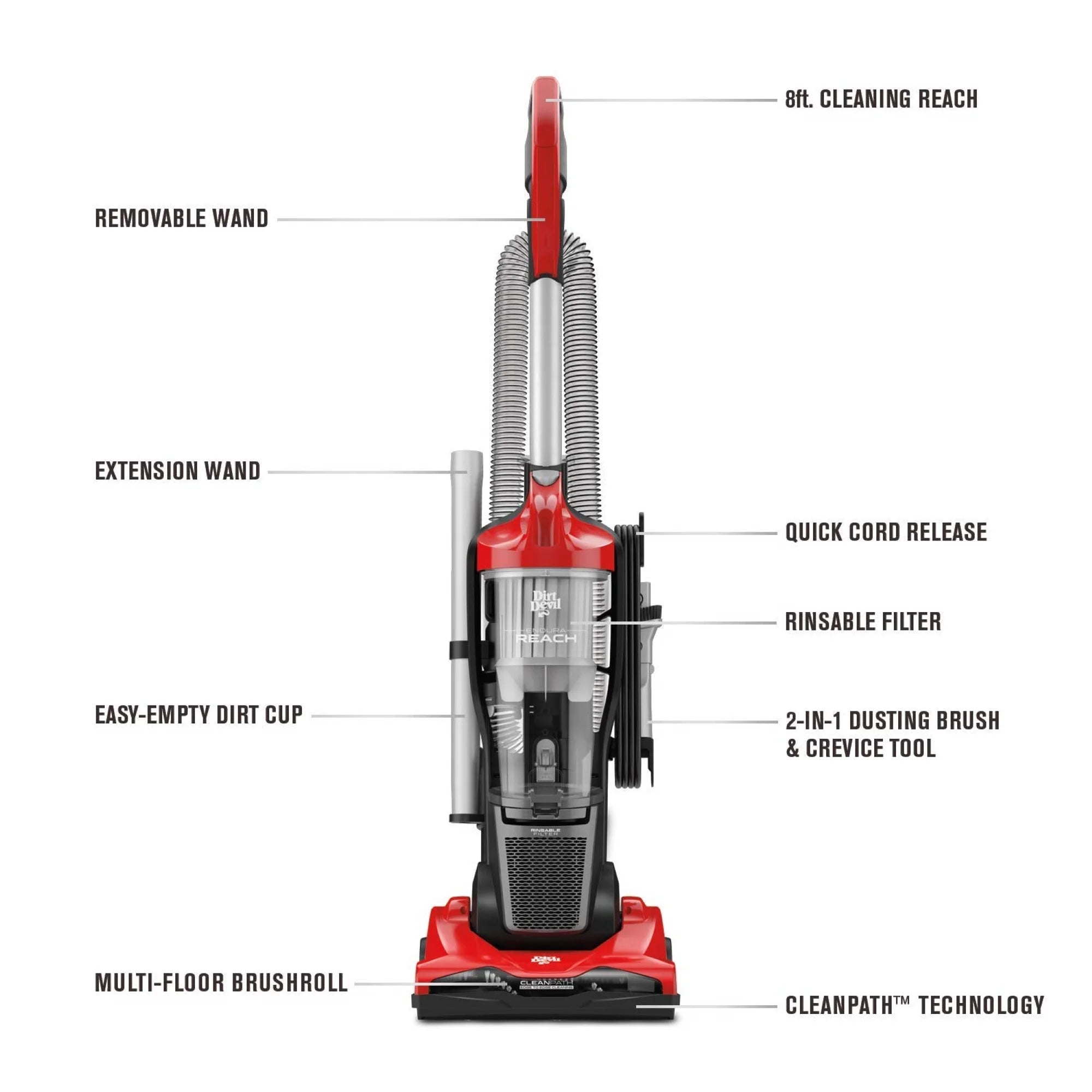 Dirt Devil Endura Reach Upright Bagless Vacuum Cleaner for Carpet and Hard Floor, Lightweight, Corded, UD20124, Red