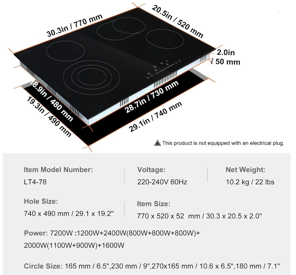 BENTISM Built-in Electric Cooktop Radiant Ceramic Cooktop 4 Burners 30.3x20.5 inch
