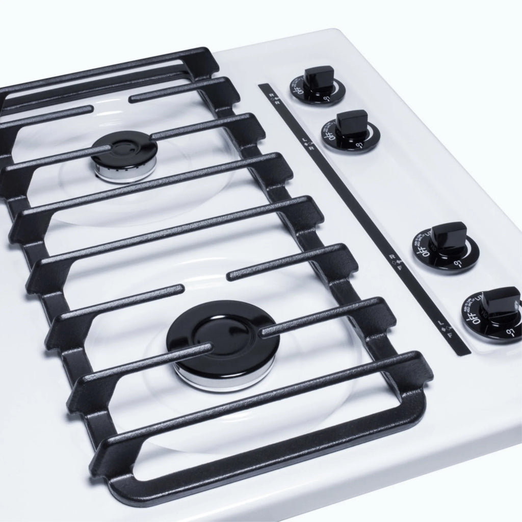 24" wide gas cooktop with four sealed burners, white porcelain surface, and cast iron grates; made in the USA