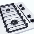 24" wide gas cooktop with four sealed burners, white porcelain surface, and cast iron grates; made in the USA