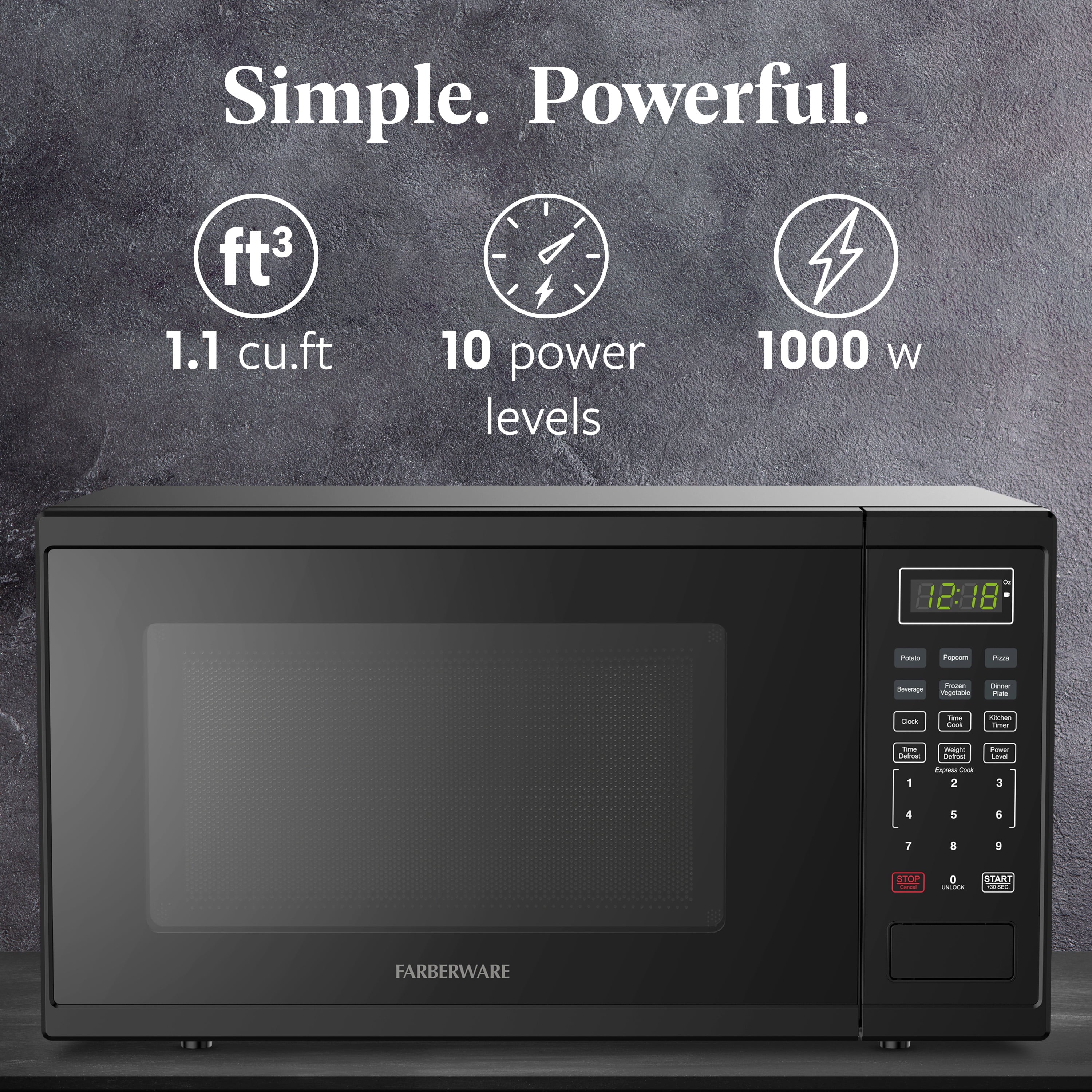 Farberware Countertop Microwave Ov 1100 Watts, 2.2 cu ft - Smart Sensor With LED Lighting and Child Lock - Perfect for Apartments and Dorms - Easy Clean Black Interior, Stainless Steel
