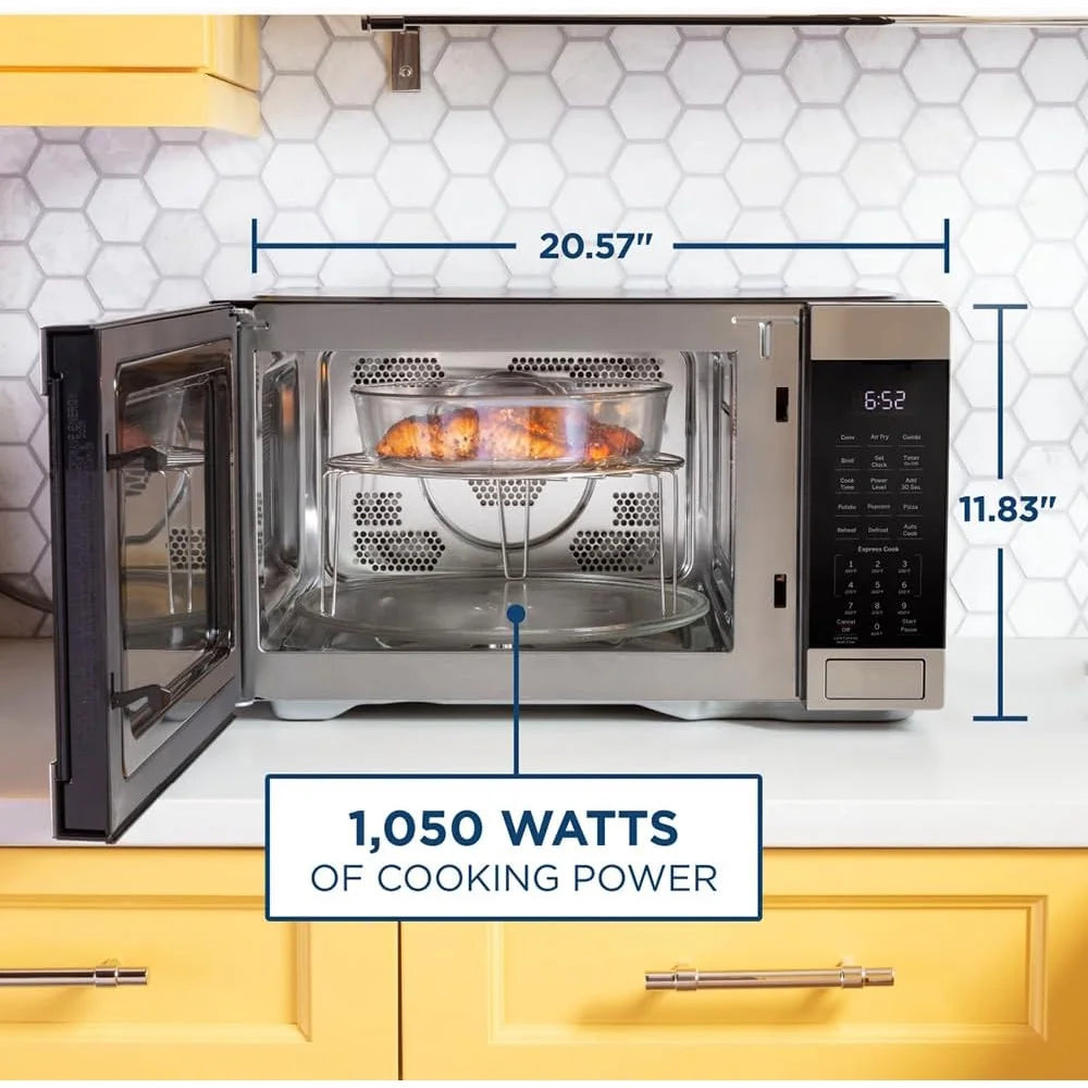 Open Box GE 3-in-1 Microwave Oven, 1,050 Watts Air Fryer, Broiler and Convection Mode, Child-Lock Technology, Kitchen Essentials for The Countertop or Dorm Room, 1.0 Cu. Ft., Stainless Steel
