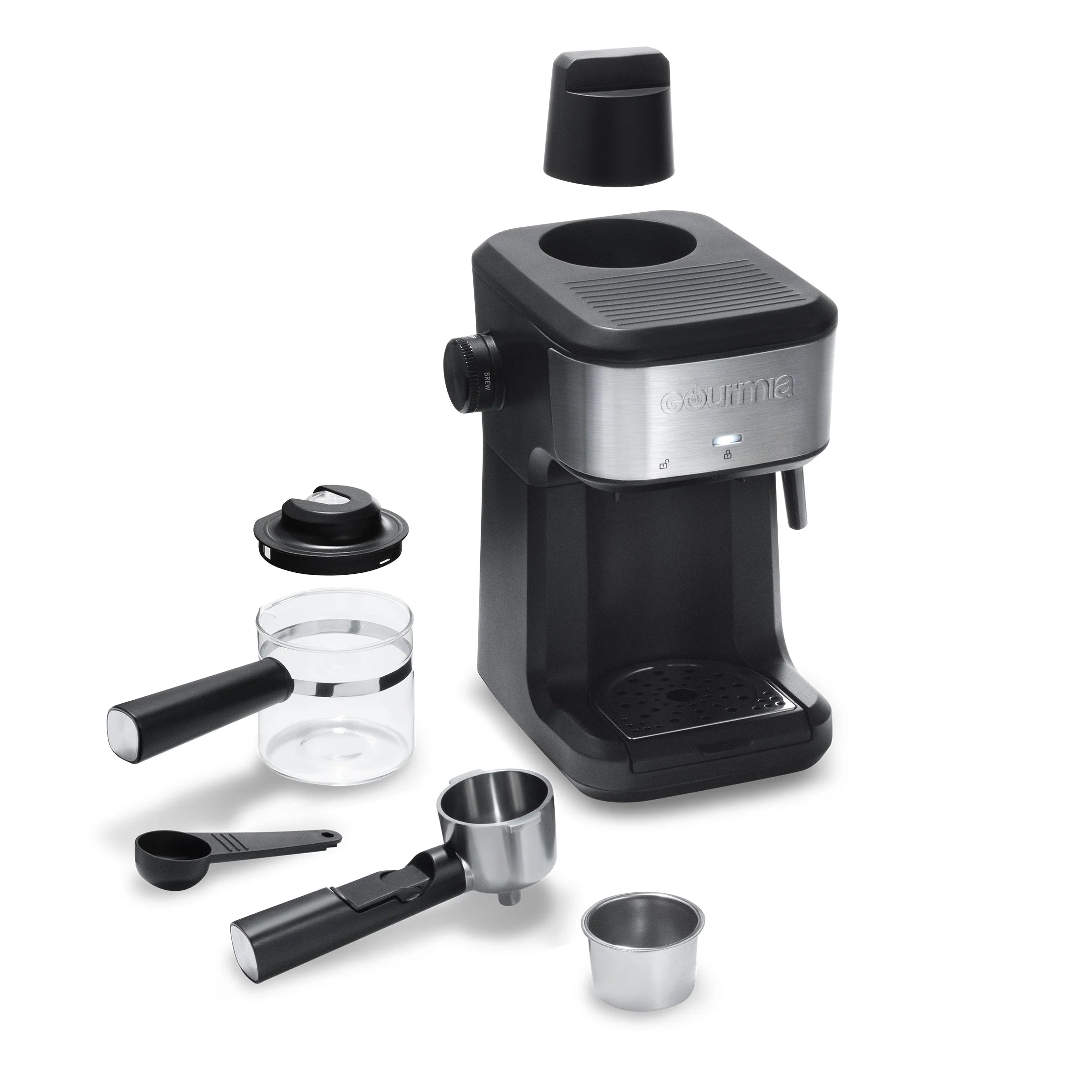 Gourmia 4-Shot Steam Espresso, Cappuccino, and Latte Maker with Frothing Wand, Black, New