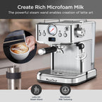 Plum Chef Espresso Machine 20 Bar Coffee Makers, Cappuccino Machine with E.S.E Pod & Pressure Gauge for Home, 1.8L Water Tank, Stainless steel, Silver