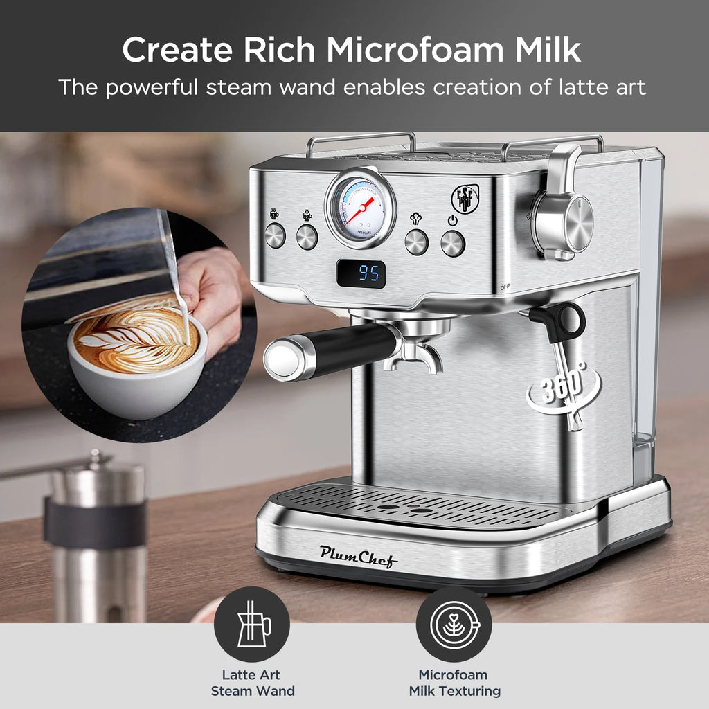 Plum Chef Espresso Machine 20 Bar Maker Coffee Machine 1.8L Water Tank, Stainless Steel, Silver