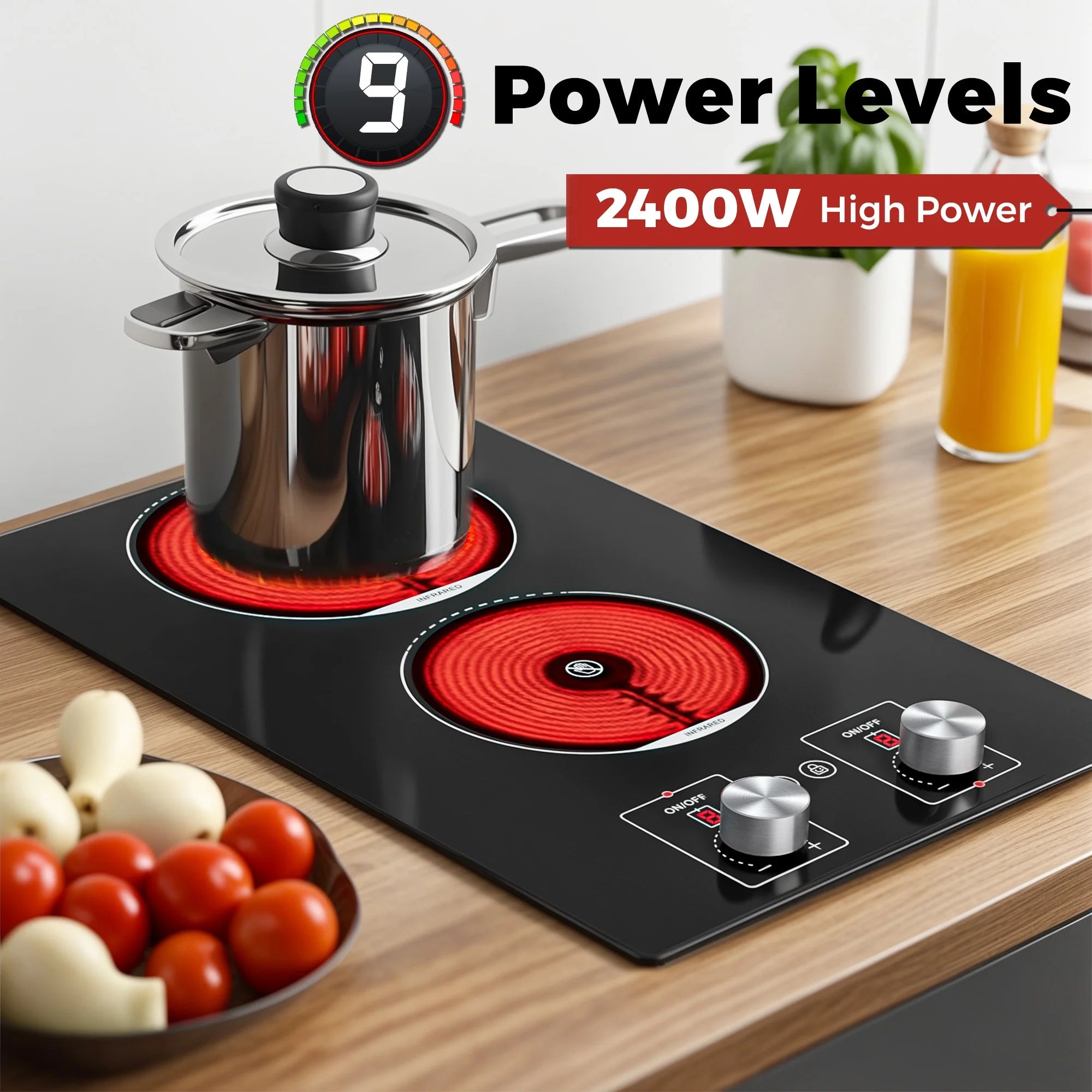 Advwin 2 Burner Electric Cooktop,110v Electric Cooktop with Knob Control,12 Inch Countertop & Built-in Ceramic Cooktop with Child Safety Lock, Timer, 9 Power Levels and Over-Temperature Protection