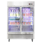 54"W Commercial Refrigerator 2 Glass Door Stainless Steel Interior and Exterior Construction Display Refrigerator 42.2 Cu.ft. Reach-in Merchandising Refrigerator Upright Fan Cooling Merchandiser