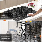 24 Inch Black Gas Cooktop - Built-in Dual Fuel Natural Gas & Propane Stove - 4 Burner Convertible Cooktop with Thermocouple Protection