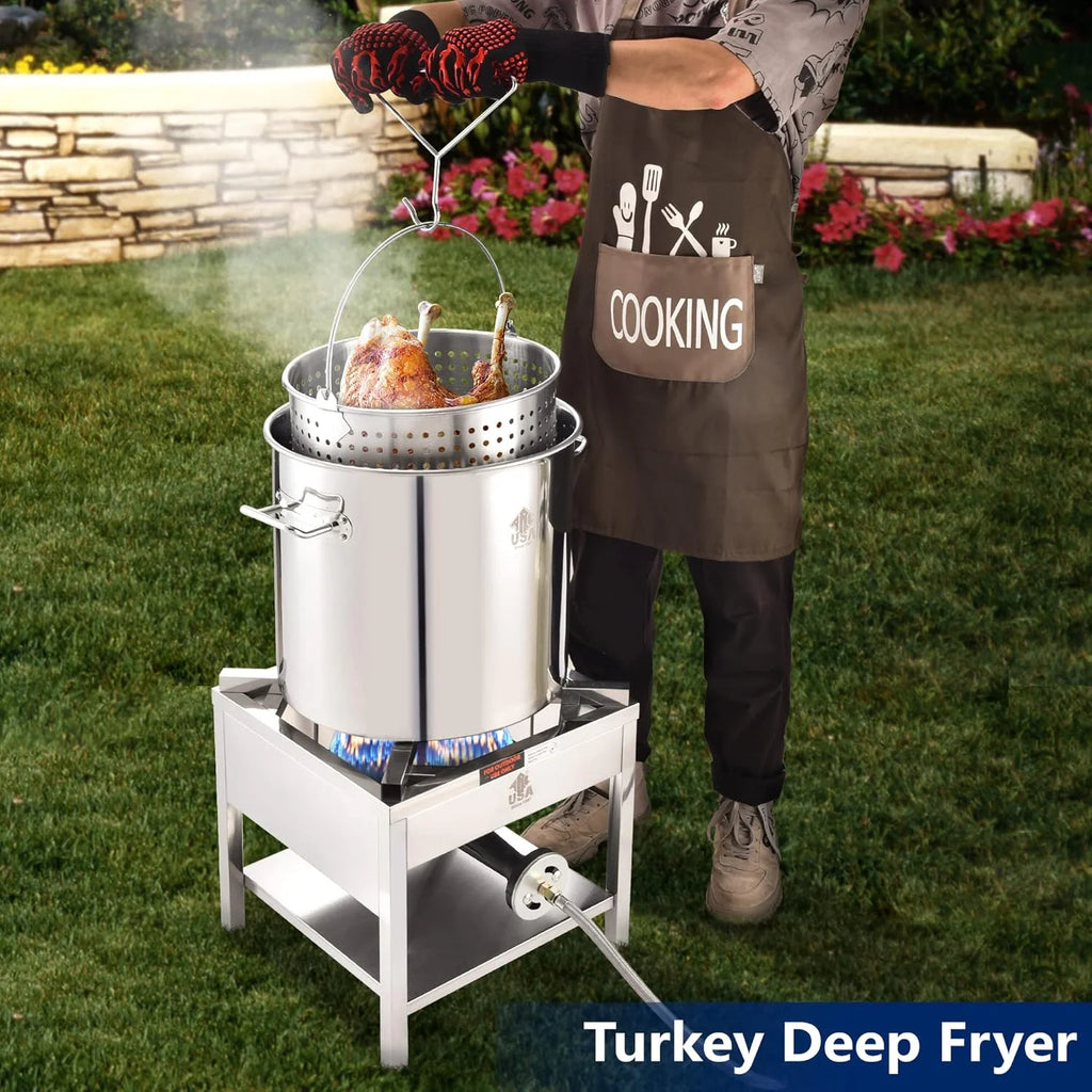 64QT Stainless Steel Seafood Boiling Kit, 200,000BTU Propane Burner And Crawfish Boil Pot w/Basket and Steamer Rack, For Outdoors Cooking and Steaming, Large Turkey Fryer Pot, Lobster Shrimp Pot