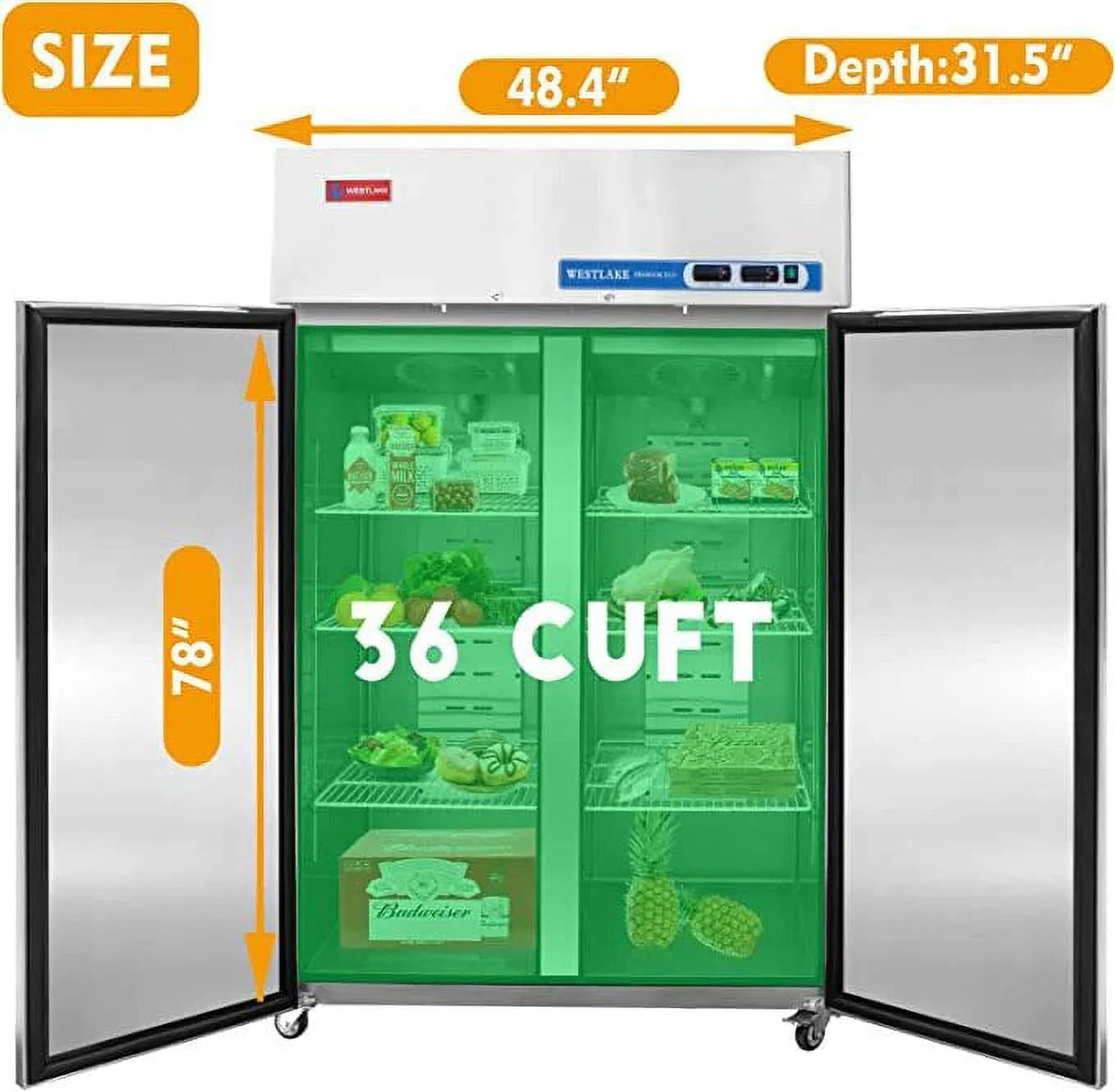 Westlake Commercial Reach In Upright Freezer WK-48F Double Solid Door Stainless Steel 36 Cu. Ft