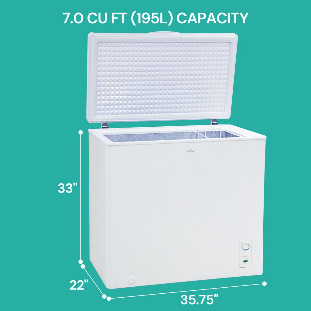 Koolatron Large Chest Freezer, 7.0 cu ft (195L),Manual Defrost Deep Freeze, Storage Basket, Space-Saving Flat Back, Stay-Open Lid, Front-Access Drain, White