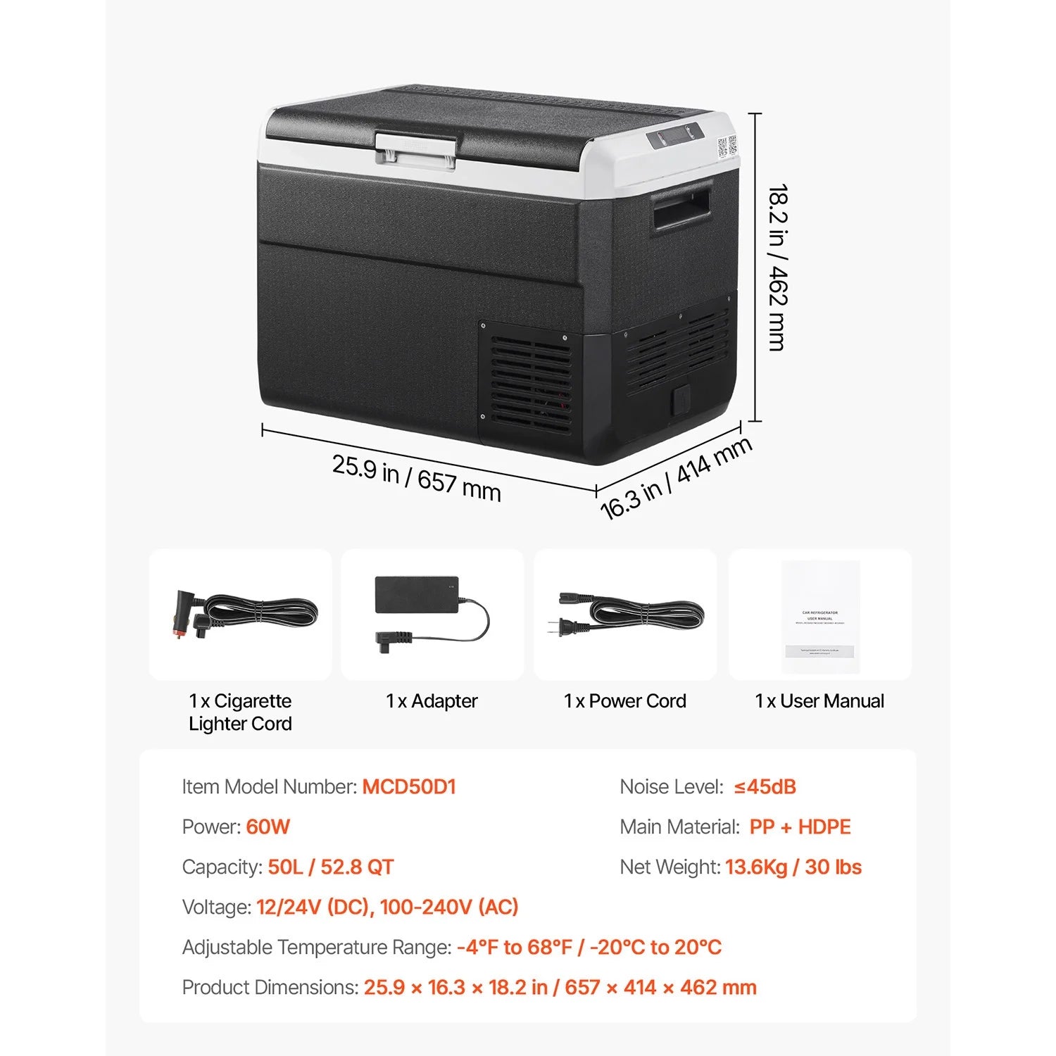 VEVOR Portable Car Refrigerator 53 Qt, 12V Portable Freezer with Single Zone, 12/24V DC & 110-240V AC Electric Cooler with -4℉-68℉Cooling Range, for Car Truck Vehicle RV Boat Outdoor & Home use