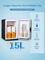 Fridge for Bedroom, 15L Portable Cooler & Warmer, 110V/12V Dual Power, for Office, Dorm, Car, Drinks, Food, Makeup