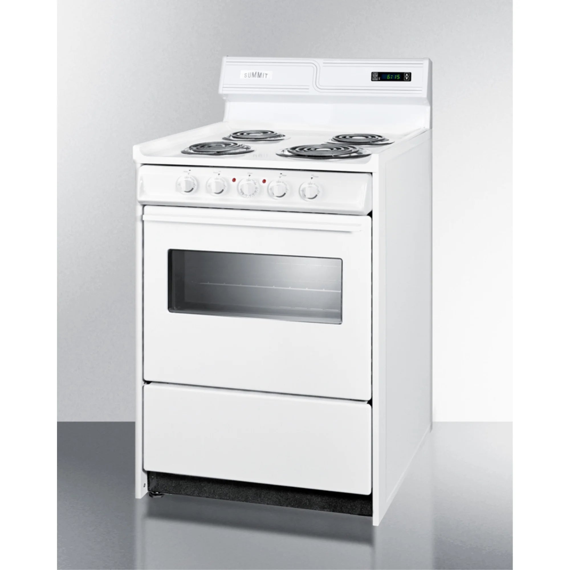24" wide electric coil top range in white with oven window and high backguard