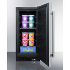 15" wide frost-free freezer for built-in or freestanding use, with integrated door frame to accept overlay panels