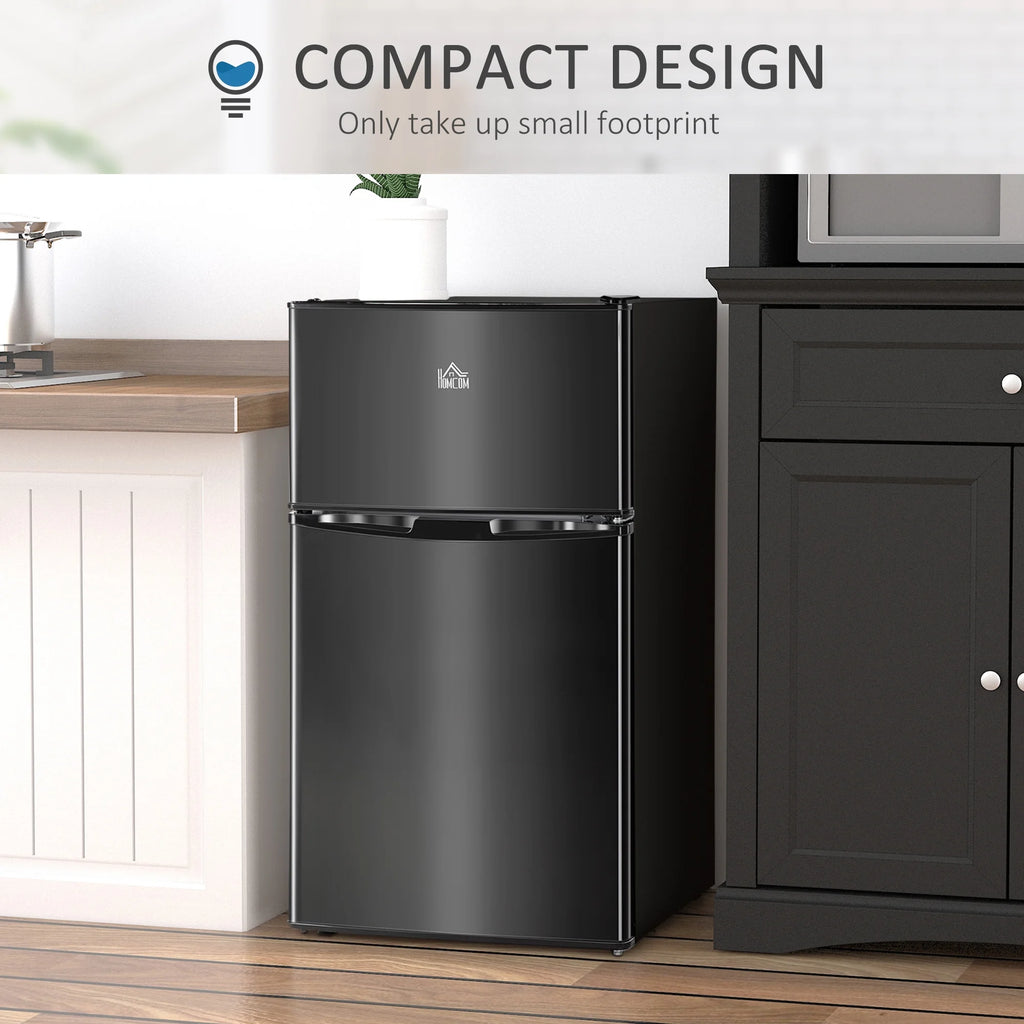 3.2 Cu.Ft Mini Fridge with Freezer, Double Door Compact Refrigerator with Adjustable Thermostat, Shelf and Reversible Door for Bedroom, Dorm, Home Office, Energy Efficient, Black