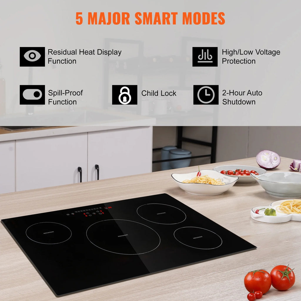 KFFKFF 4 Burner Electric Cooktop, 30'' 7500W 9 Power Settings Induction Cooktop Countertop Burner, with LED Display, Child Safety Lock & Heat Guard