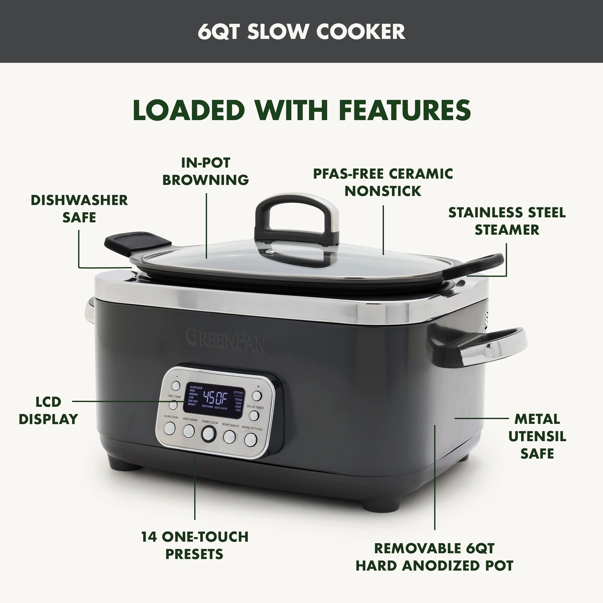 GreenPan 6-Quart, 14-in-1 Slow Cooker, Family Size, Ceramic Nonstick, Dishwasher Safe Parts, Black