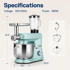 SPECSTAR 6 in 1 Multifunctional Stand Mixer with 8.5 Quart Stainless Steel Bowl, 660W 10 Speed Tilt-Head, Silver