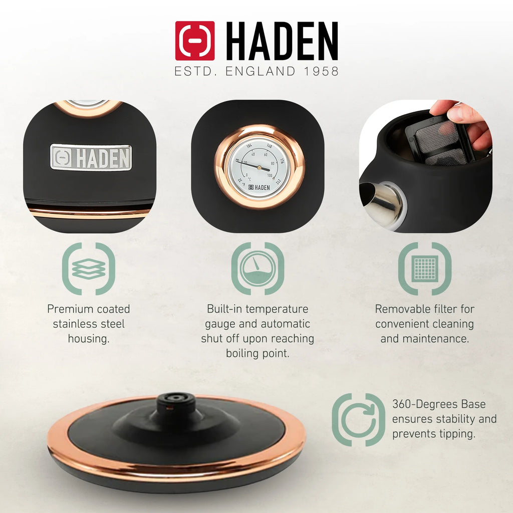 Open Box Haden 1.7 Liter Electric Water Kettle w/ 360-Degree Base, Black/Copper