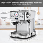 Plum Chef Espresso Machine 20 Bar Coffee Makers, Cappuccino Machine with E.S.E Pod & Pressure Gauge for Home, 1.8L Water Tank, Stainless steel, Silver